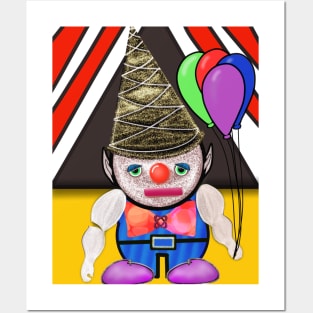 a creepy sad clown holding balloons Posters and Art